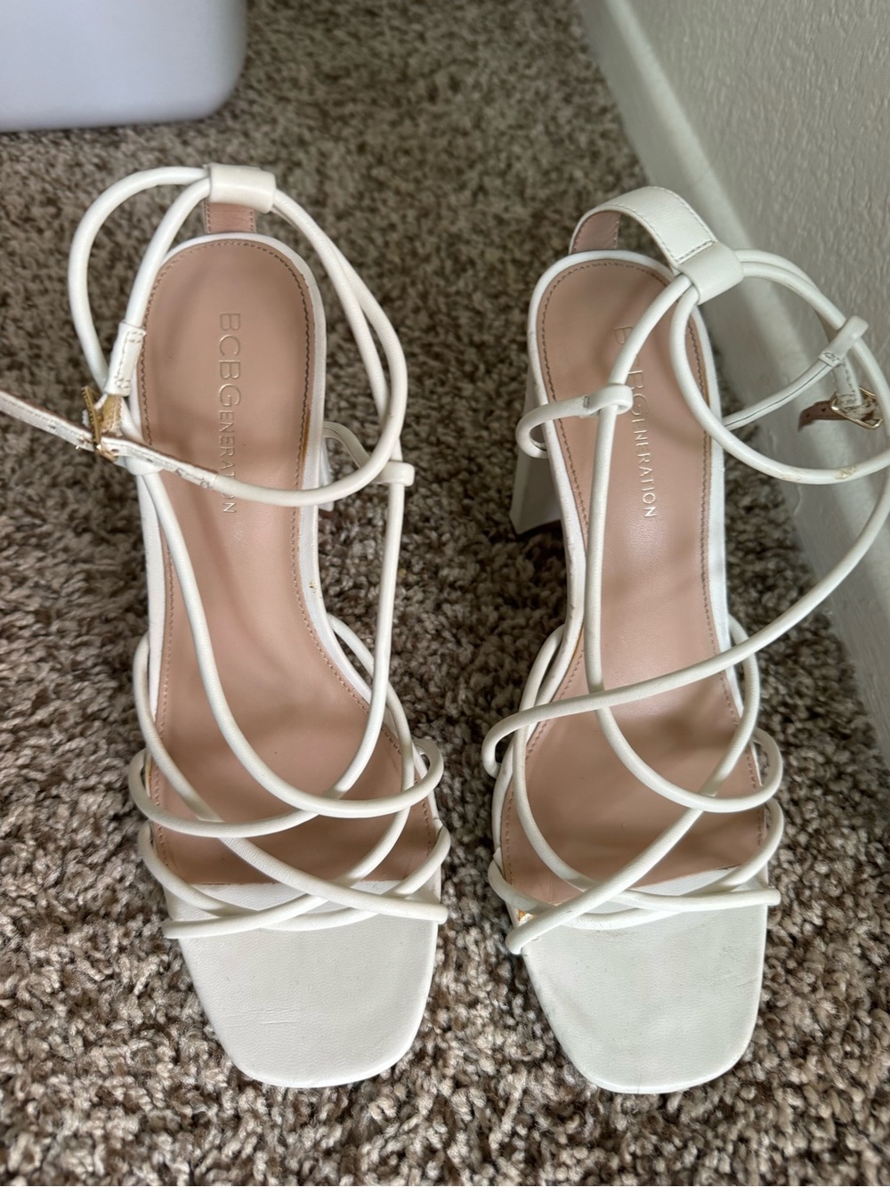 BCBGeneration White Strappy Block Heels